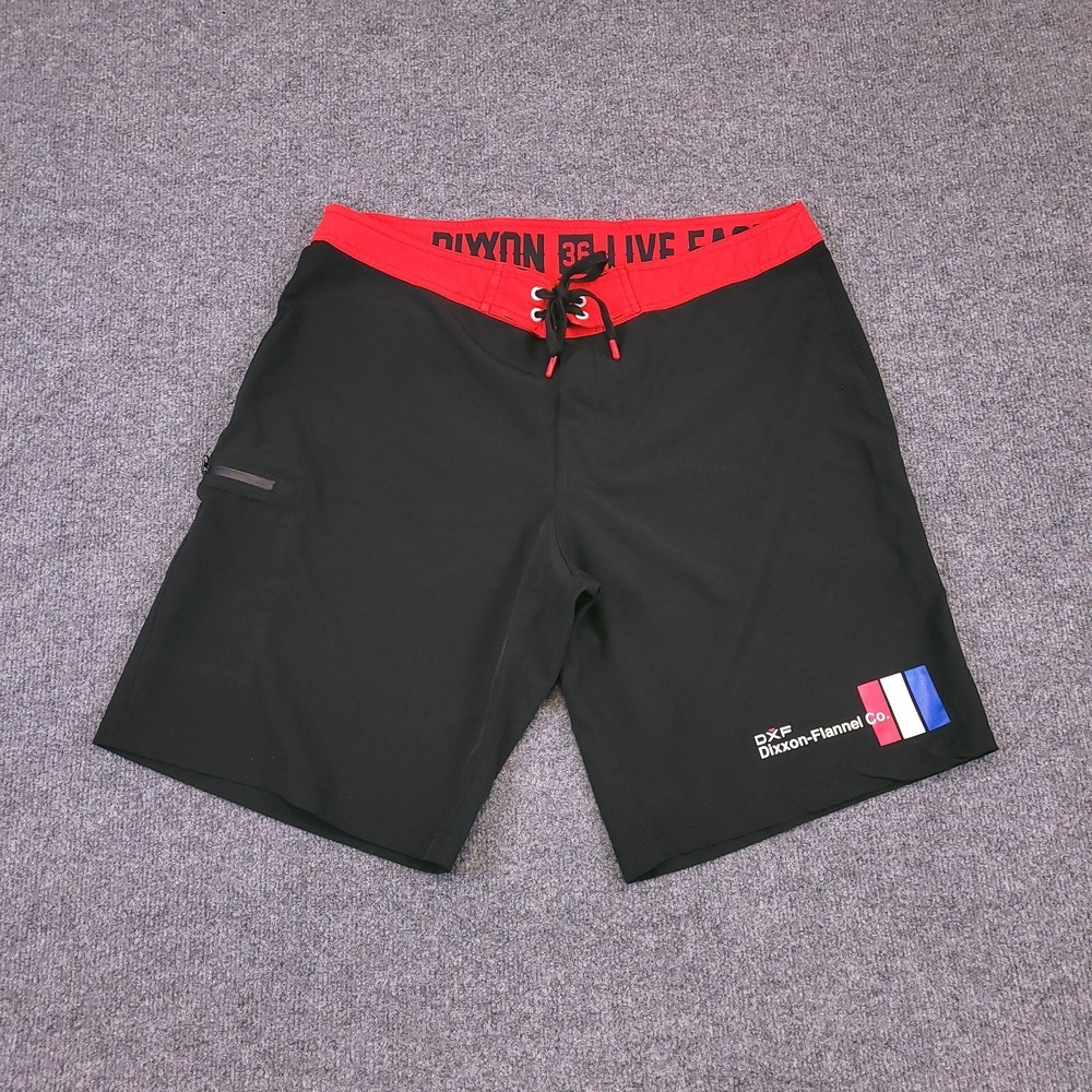 DXF Dixxon Flannel Board Shorts Men 36x10 Black Red Stretch Drawstring Hook Loop